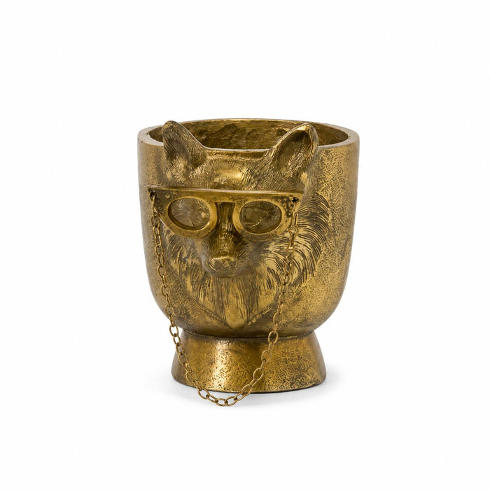 Antique gold cast aluminum footed pot featuring a bespeckled fox wearing glasses with a decorative chain.