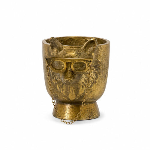 Antique gold cast aluminum footed pot featuring a bespeckled fox wearing glasses with a decorative chain.