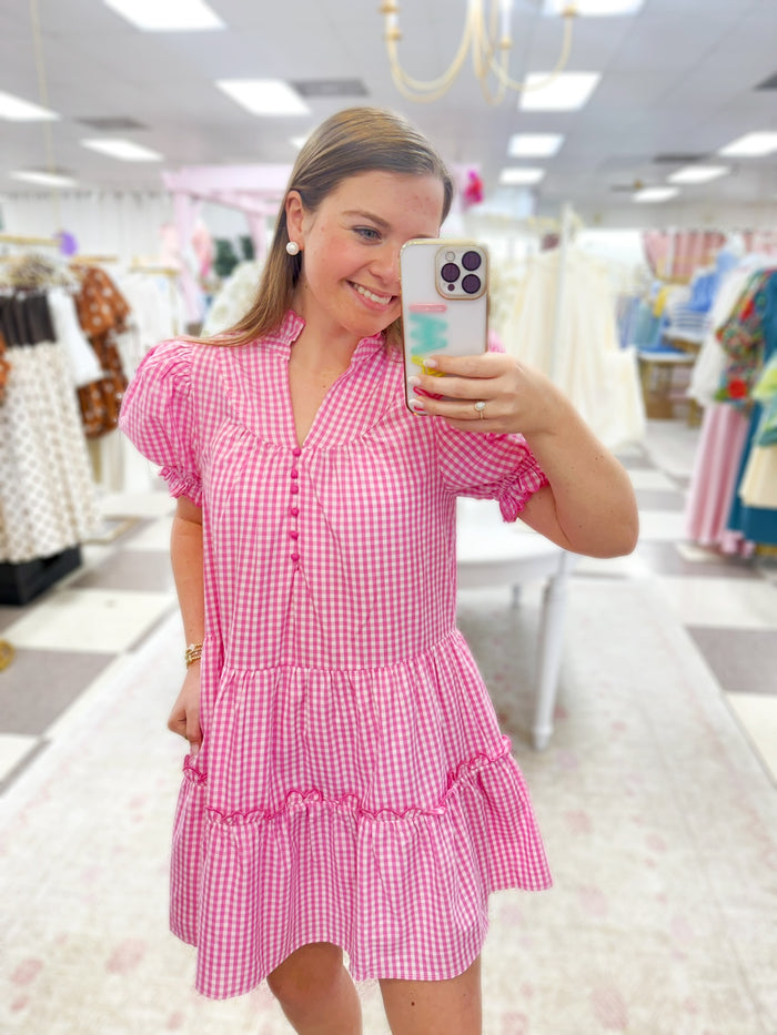 Eleanor Gingham Puff Sleeve Mini Dress (Pink)