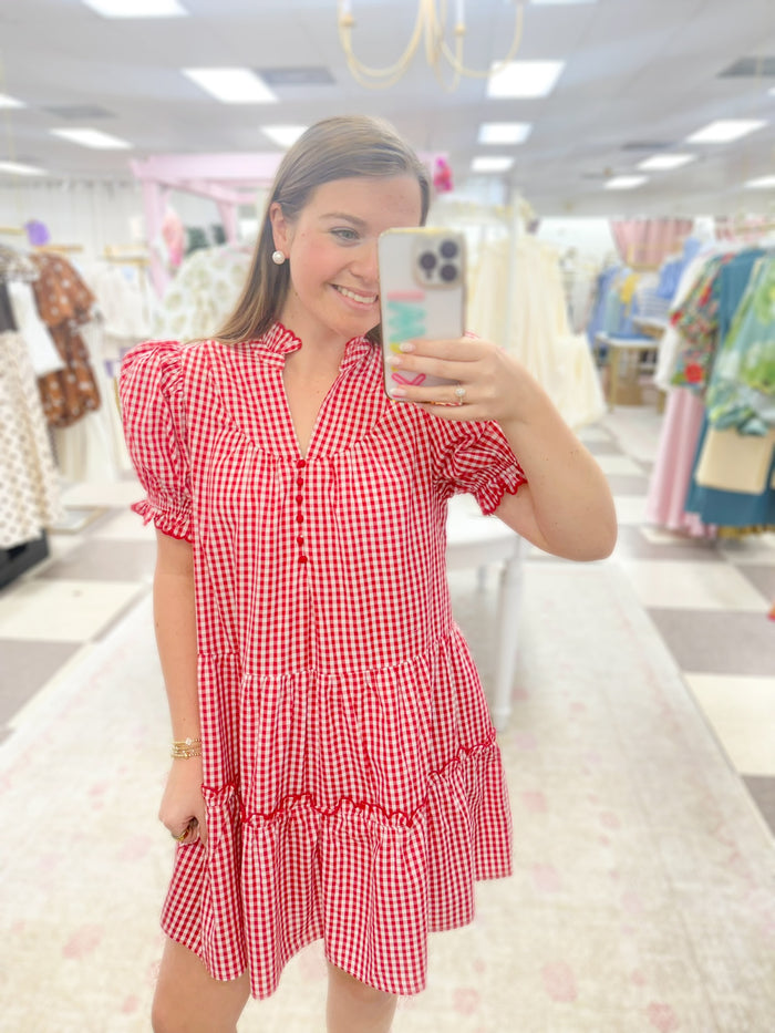 Eleanor Gingham Puff Sleeve Mini Dress (Red)