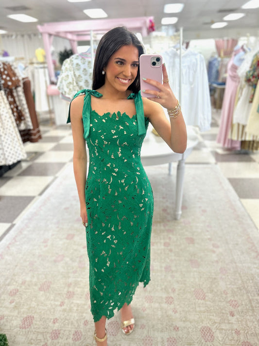 Emerald Elegance Lace Midi Dress