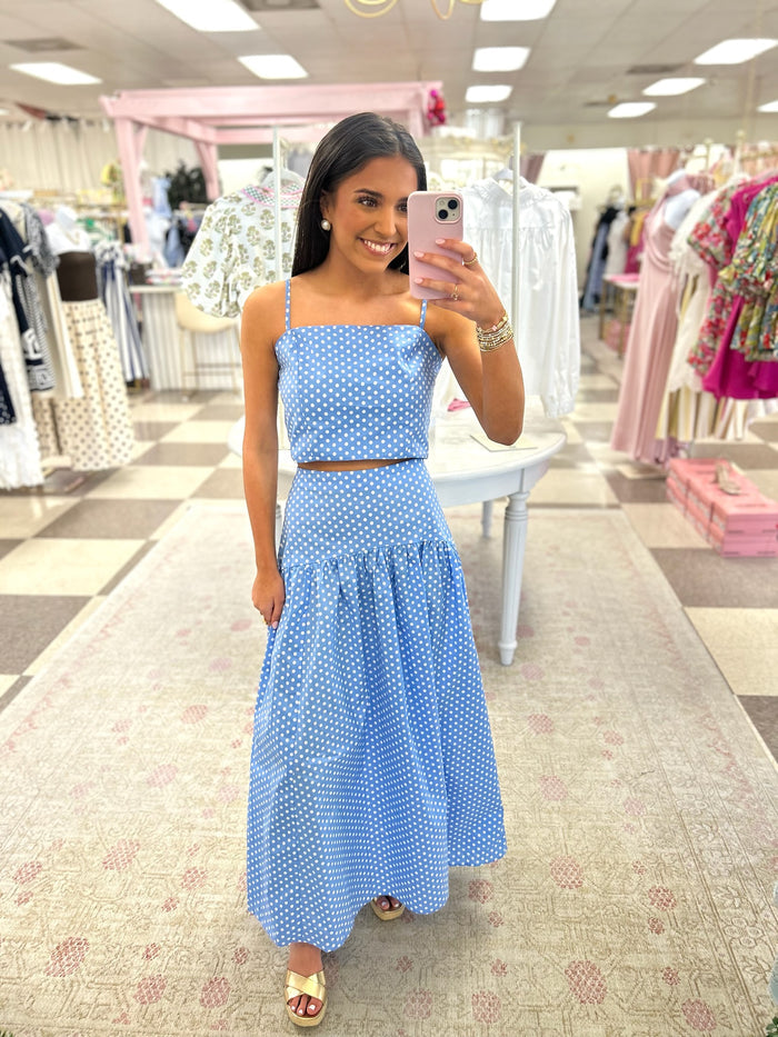 Emily in Paris Top/Skirt Polka Dot Set (Lt Blue/White)