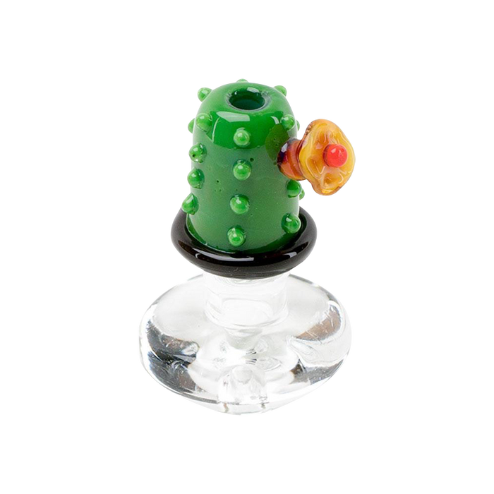 A close-up, angled view of the Empire Glassworks "Barrel Cactus" Carb Cap, showcasing its green, textured design.