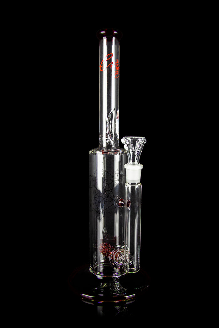 Clear glass water pipe (bong) with red accents and intricate web-like designs, studio shot on black background.