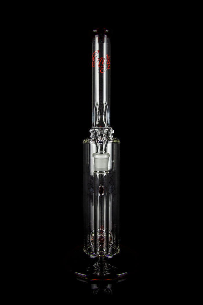 Glass cannabis water pipe (rig) with intricate striped design and visible bowl, isolated on black.
