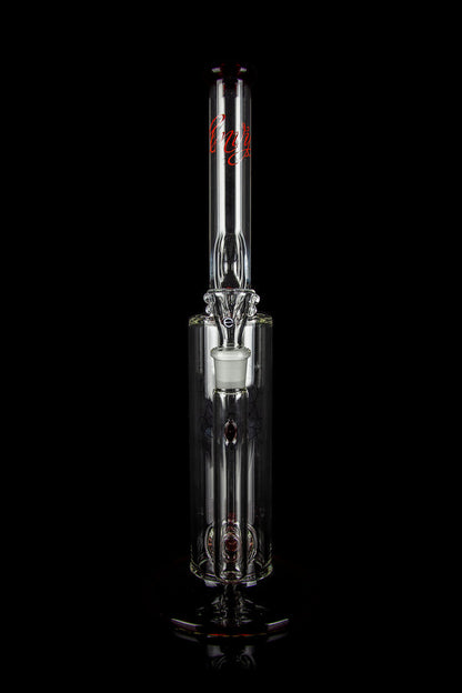 Glass cannabis water pipe (rig) with intricate striped design and visible bowl, isolated on black.