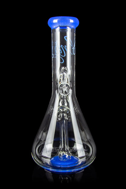 Clear glass water pipe (bong) with blue accents and intricate glasswork.