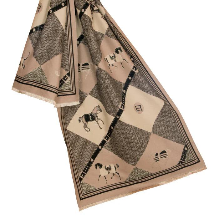 Beige equestrian print scarf with diamond patterns, horse motifs, and delicate fringe edges.