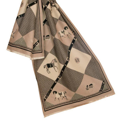 Beige equestrian print scarf with diamond patterns, horse motifs, and delicate fringe edges.
