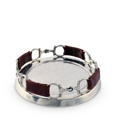 Round silver wine coaster featuring a brown leather and metal equestrian horse bit rim design.