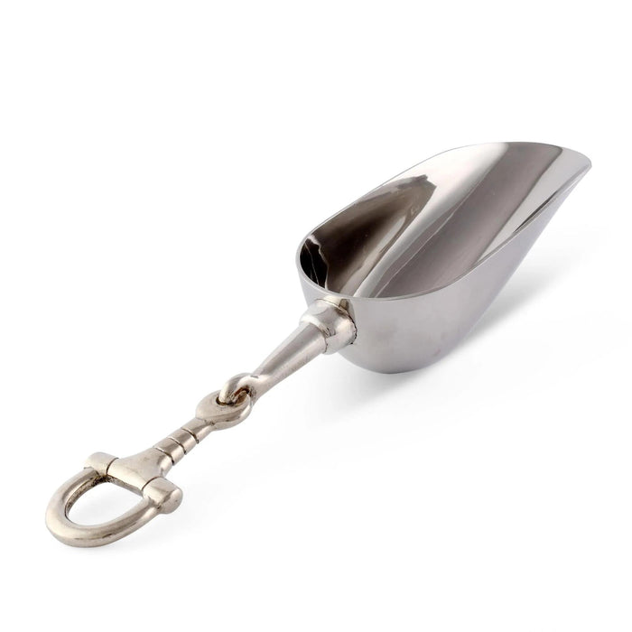 Polished 9-inch aluminum ice scoop featuring a decorative pewter equestrian horse-bit handle design.