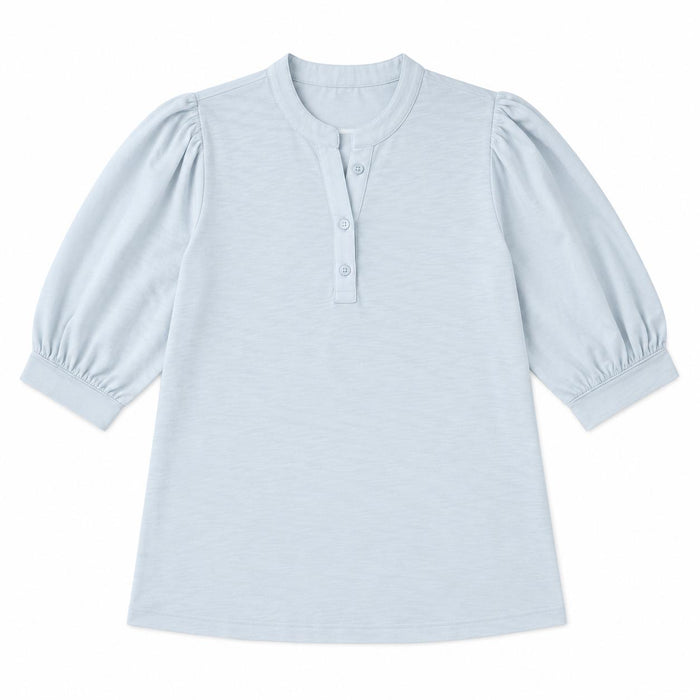Light blue Erin Gray Kate top in soft Pima cotton with puff sleeves and a buttoned V-neckline on a white background.