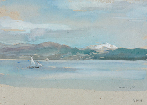 Watercolor painting of a sailboat on a lake with mountains in the background