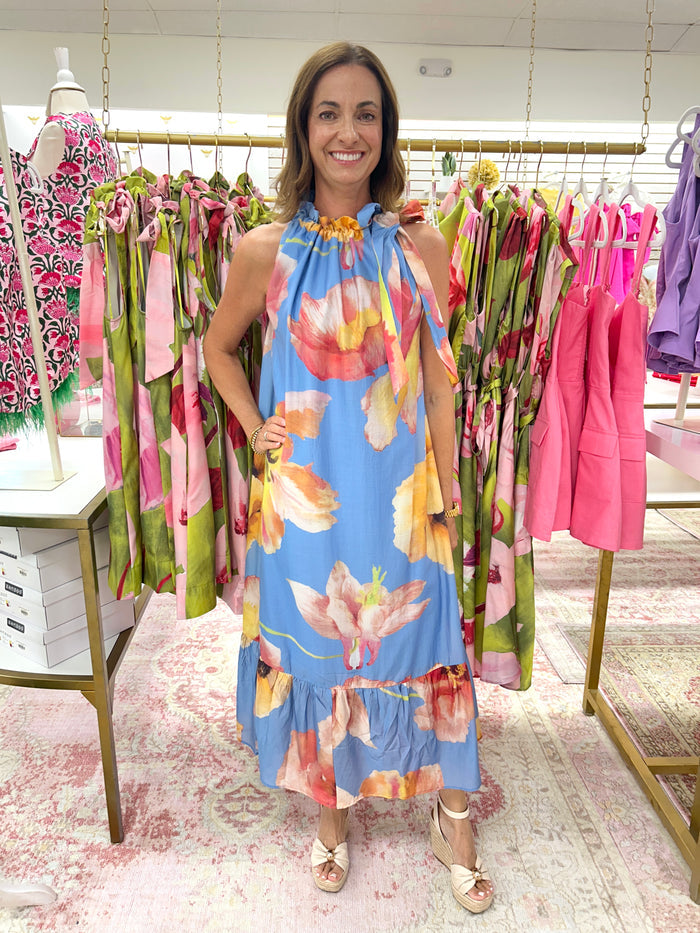 Evie Floral Tie Neck Midi Dress (Blue)