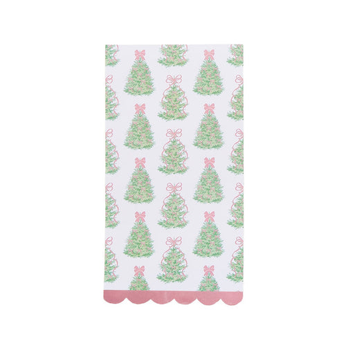 Festive 3-ply paper guest towel with a Christmas tree print and a decorative pink scalloped edge.
