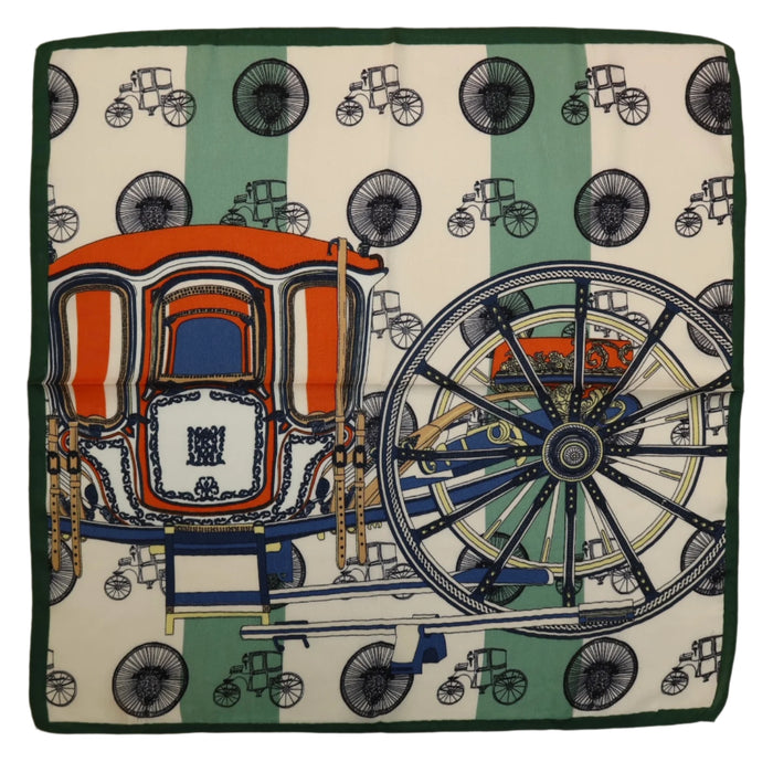 27-inch square polyester twill scarf with a vintage carriage print in orange, blue, and green on a striped background.