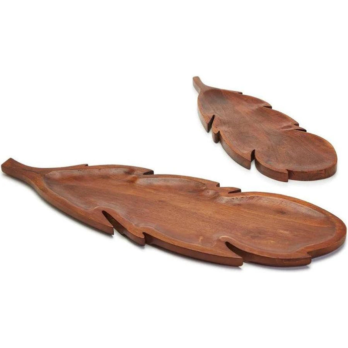 Two handcrafted acacia wood charcuterie boards shaped like feathers in small and large sizes on a white background.
