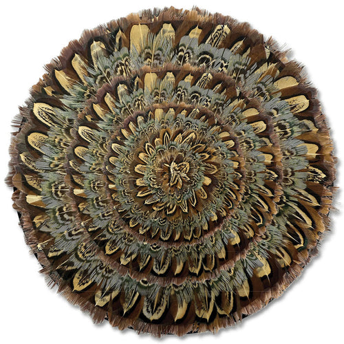 16-inch round placemat handcrafted with iridescent brown, grey, and khaki pheasant feathers in a layered circular design.