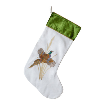 Cream cotton holiday stocking featuring an embroidered pheasant and a rich forest green velvet cuff.
