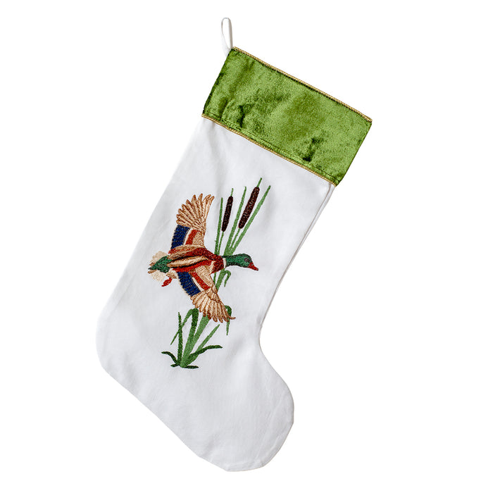 Cream cotton holiday stocking with embroidered mallard duck and forest green velvet cuff.