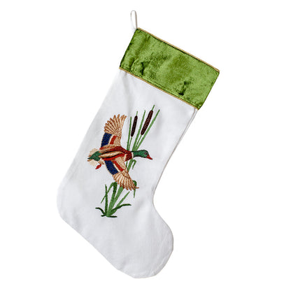 Cream cotton holiday stocking with embroidered mallard duck and forest green velvet cuff.