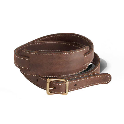 Adjustable brown leather Fieldbar drinks box shoulder sling with white contrast stitching and a brass buckle.