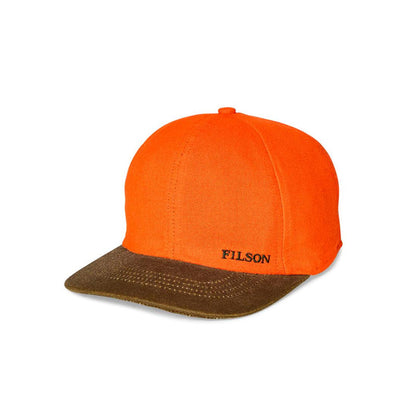 Filson insulated blaze orange cap with a brown oil-finish tin cloth brim and embroidered logo.