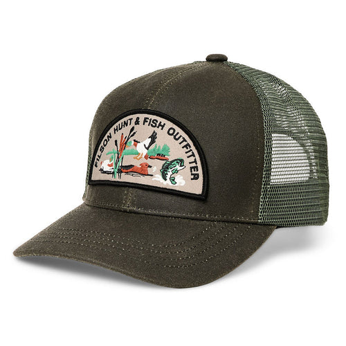 Otter Green Filson Logger mesh cap with a curved brim and a custom Hunt & Fish embroidered patch on the front.