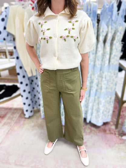 Floral Embroidered Button Down Sweater