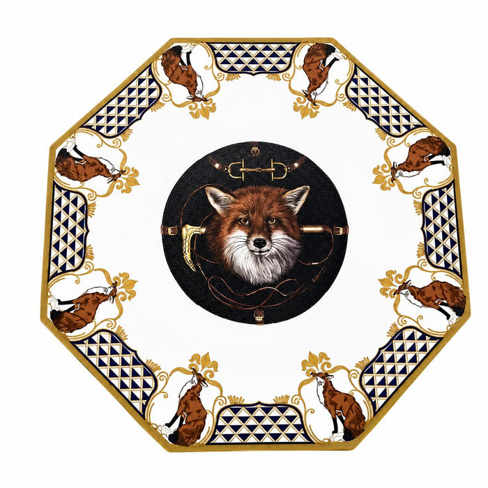 Octagon vinyl placemat featuring a detailed fox portrait, equestrian accents, and navy blue geometric border.