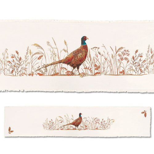 Cream cotton table runner featuring embroidered pheasant landing design, 14x72 inches, with rustic nature-inspired details.