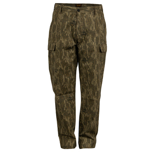 Gamehide Back Country six-pocket cargo pants in Mossy Oak camouflage cotton blend fabric.