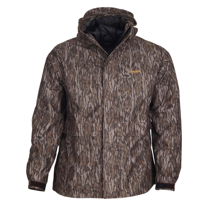 Gamehide Decoy waterproof hunting jacket in Mossy Oak Bottomland camo with a hood and large front dump pockets.