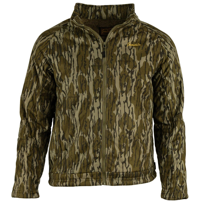 Gamehide Pinch Point camo hunting jacket with full-zip front, stand-up collar, and soft Sherpa fleece lining.