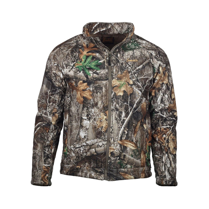 Gamehide Pinch Point camo hunting jacket with full-zip front, stand-up collar, and soft Sherpa fleece lining.