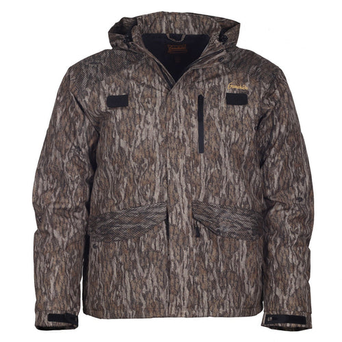 Gamehide Slough Creek waterfowl jacket in camo print with shoulder grips, hood, and large zippered dump pockets.