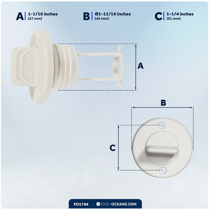 Garboard Drain Plug For 1" Transom Hole, White Nylon - FO1794 - Five Oceans