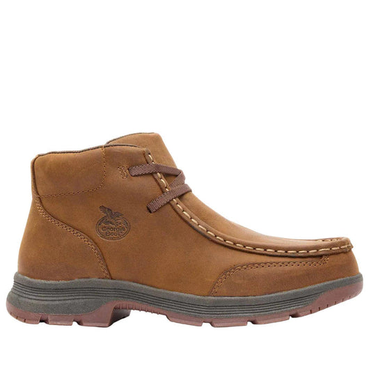 Brown full-grain leather Georgia Boot Athens Superlyte Wallabe with a slip-resistant rubber outsole and moc-toe design.