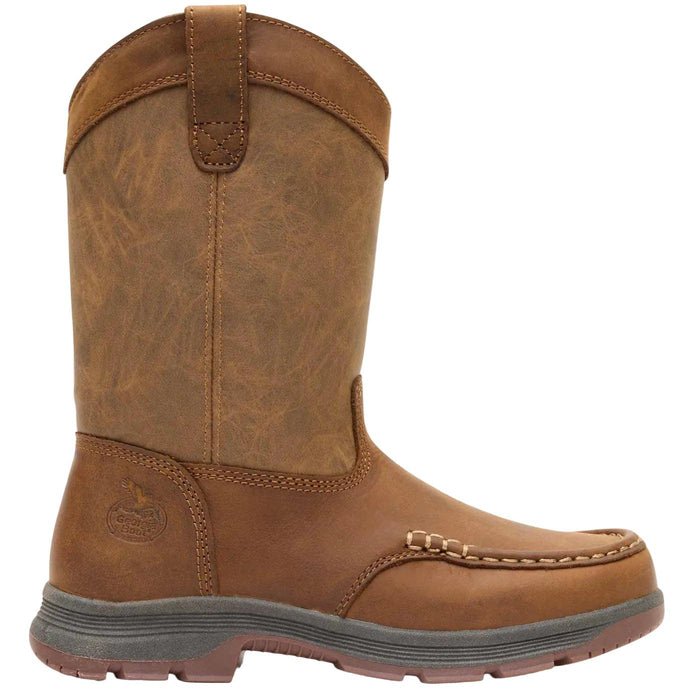 Brown leather Georgia Boot Athens Superlyte pull-on boot for kids with a slip-resistant outsole and moc-toe stitching.