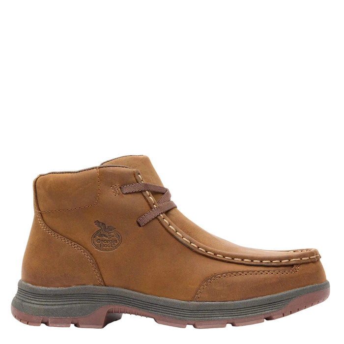 Brown full-grain leather Georgia Boot kids' wallabe with moc-toe stitching and a durable slip-resistant rubber outsole.