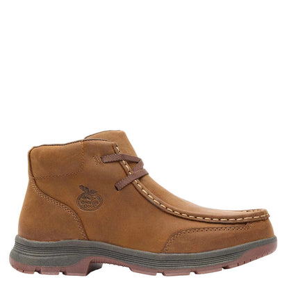 Brown full-grain leather Georgia Boot kids' wallabe with moc-toe stitching and a durable slip-resistant rubber outsole.
