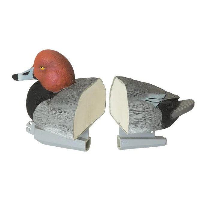 Cross-section of a foam-filled GHG Red Head duck decoy showing realistic feather detail and durable construction.