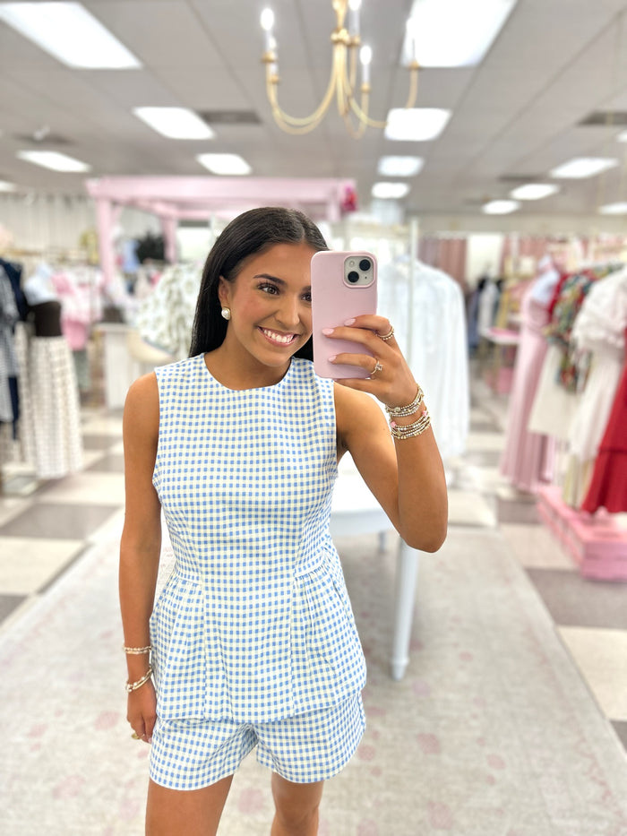 Gingham Peplum Top (Blue)