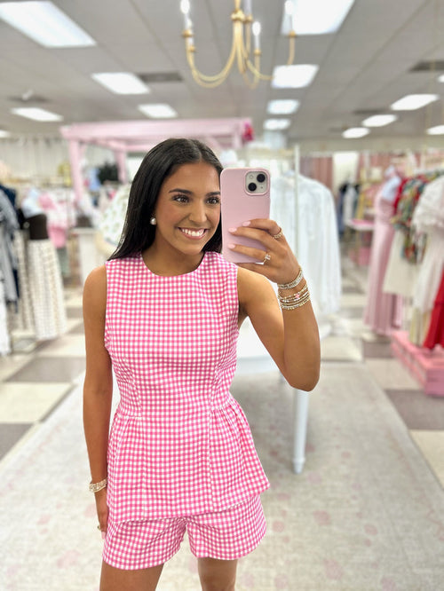 Gingham Peplum Top (Pink)