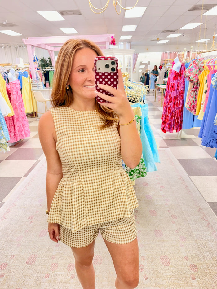 Gingham Print Shorts (Tan)