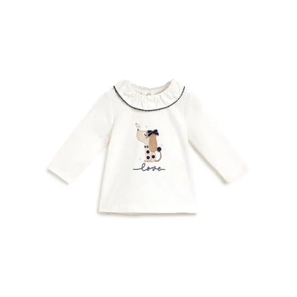 Girls White Printed Applique T-shirt