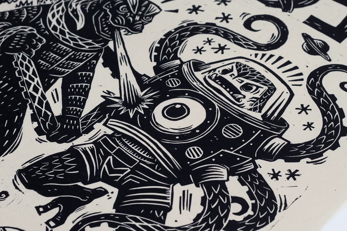 Godzilla vs. Takoro Linocut Poster