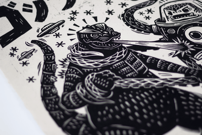 Godzilla vs. Takoro Linocut Poster