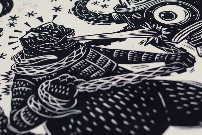 Godzilla vs. Takoro Linocut Poster