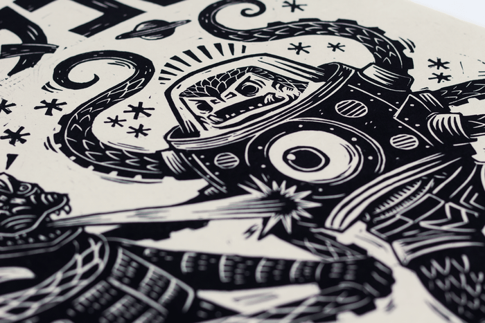 Godzilla vs. Takoro Linocut Poster